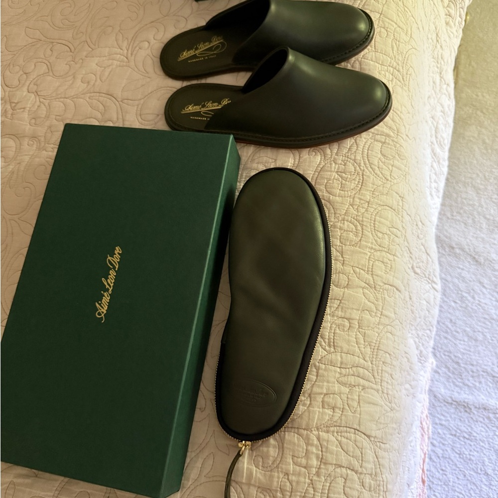 Aime Leon Dore olive green Loafers Slip-Ons Leather Travel Slipper - Picture 5 of 6